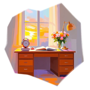 A bureau by a window with the warm glow of a sunset streaming in