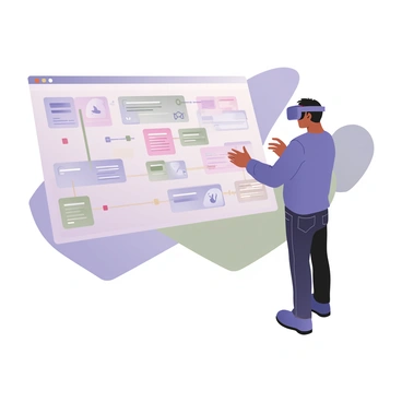 A digital flat illustration depicting a person wearing a virtual reality headset while standing in a digital space. The user has medium skin and short black hair, dressed in a blue long-sleeve shirt and dark jeans. In front of the user, a large, transparent 3D business model canvas is displayed, featuring various sections labeled with color-coded text. The canvas includes icons representing different business elements like value propositions, customer segments, and revenue streams. Bright, glowing lines connect the sections of the canvas, creating a dynamic visualization. The background is filled with abstract geometric shapes in shades of blue and green, enhancing the immersive digital environment.