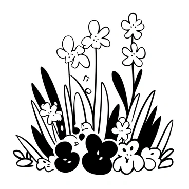 A patch of wildflowers with various shapes and sizes is blooming among the tall grass and leaves. The wildflowers are clustered together, displaying intricate details in their petals and stems. The grass surrounding the flowers is tall and slightly waving as if stirred by a gentle breeze. Leaves of different shapes and sizes are scattered throughout the scene, providing texture and depth to the ground.