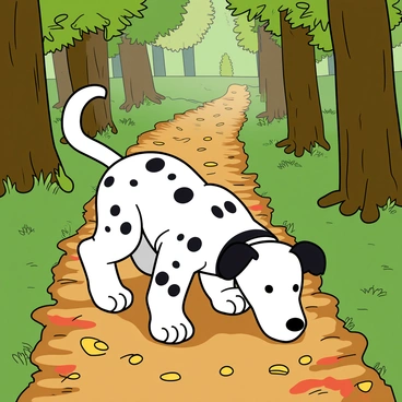 A playful dalmatian dog with a shiny, white coat adorned with distinct black spots is exploring a lush forest trail. The dog has an alert expression, its ears perked up as it sniffs the ground. Surrounding the trail are tall, green trees with thick trunks and a canopy of leaves that filters sunlight onto the path. The trail is covered with a colorful carpet of fallen leaves in shades of orange, yellow, and brown. Small twigs and pebbles are scattered along the path, and a few ferns peek out from the sides, adding to the natural setting. The atmosphere is lively, capturing the dalmatian's sense of adventure in this vibrant outdoor scene.