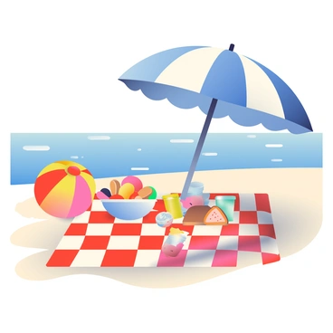 A vibrant picnic spread is arranged on a checkered blanket by the seaside. The blanket features red and white squares, and it is adorned with various picnic foods, including a large bowl of mixed fruit, sandwiches neatly cut into triangles, and a selection of colorful drinks in clear plastic cups. Next to the food, there is a bright beach ball with alternating red and yellow stripes, resting on the soft sand. To provide shade from the sun, a large, striped parasol in hues of blue and white is positioned nearby, casting a pleasant shadow over the picnic spread. In the background, gentle waves can be seen lapping at the shore, completing the coastal scene.