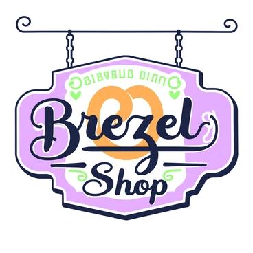 A retro-style shop sign hangs prominently, showcasing a large "brezel" at the center. The brezel is intricately detailed, with twists and turns that highlight its shape. Surrounding the brezel, there is decorative lettering that spells out "Brezel Shop" in a bold font. The lettering features flourishes and embellishments that add a vintage charm. The sign is outlined with a decorative border that accentuates its retro appeal. A subtle texture covers the sign, giving it an authentic, aged appearance.