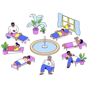 A minimalistic cartoon illustration of a spa scene. In the center, there is a serene fountain with water gently flowing. Surrounding the fountain, there are guests lying on massage tables, each draped in soft white towels. Some guests are receiving massages from therapists, while others are reclining with relaxed expressions. The atmosphere is enhanced by potted plants placed around the area, adding a touch of greenery. Sunlight streams through an open window, illuminating the tranquil environment.