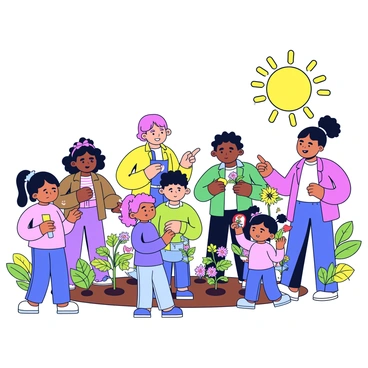 A group of children gathered in a school garden, surrounded by various colorful plants and flowers. The kids are engaged in examining the leaves and petals, some are holding small gardening tools. Two teachers are present, one pointing to a plant while explaining its features, and the other assisting a child in planting a seedling in the soil. The sun is shining brightly, casting light on the vibrant greenery around them.