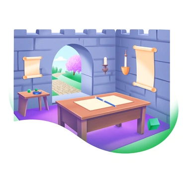 A 3D illustration of a medieval study featuring textured stone walls. In the center of the room is an old wooden desk, its surface adorned with parchment sheets, a quill, and an ink pot. To one side, a large window reveals a view of a castle courtyard with cobblestone paths and blooming flowers. Soft light filters through the window, casting gentle shadows on the desk and floor, enhancing the room's rustic charm. On the walls, various scrolls and a wall-mounted candle holder provide additional details to the medieval atmosphere.
