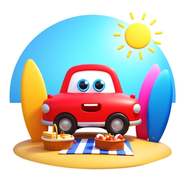 A happy cartoon car with a bright red exterior and large, friendly eyes, parked on a sunny beach. The car is surrounded by three colorful surfboards standing upright in the sand. A picnic blanket is laid out next to the car, featuring a basket filled with sandwiches and fruits. The sun is shining brightly in a clear blue sky, casting warm shadows on the sand. The scene conveys a cheerful and relaxed atmosphere.