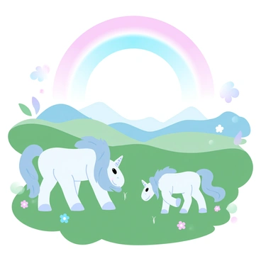 A valley with lush green grass spreads out under a sky filled with a vibrant rainbow. In the foreground, two unicorns with shimmering white coats are grazing peacefully. One unicorn has a spiraled horn and a flowing mane that catches the soft breeze. The other unicorn is nibbling on the grass, its tail flicking gently. The background features rolling hills and scattered wildflowers in various colors, adding to the scenery. The colors of the rainbow above create a beautiful gradient that complements the peaceful setting.
