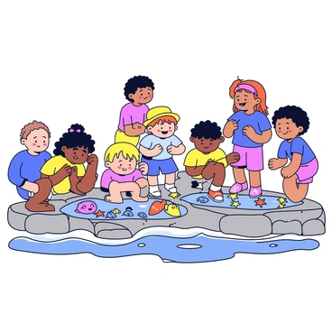 A group of children, dressed in bright summer clothing, are joyfully exploring a rocky shore. They are peering into colorful tide pools, which are filled with various sea life. The tide pools contain small fish, starfish, and sea anemones in vibrant colors. Some children are crouched down, while others are standing, all with expressions of wonder on their faces. The rocky shoreline is textured with gray and brown stones, and the background features gentle ocean waves lapping against the rocks.
