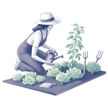 A person kneeling in a vegetable garden. They are wearing a straw hat and gloves, with a smile on their face, as they tend to the plants. The garden is filled with lush green leaves and ripe tomatoes on the vine. There are neat rows of lettuce, showcasing their texture and form. The person is gently watering the plants with a watering can, and there are gardening tools nearby, including a small trowel and a gardening fork.