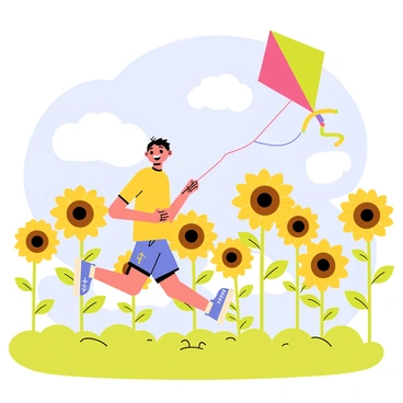 A child with a bright yellow shirt and blue shorts is joyfully running through a field filled with tall sunflowers, their vibrant yellow petals facing the sun. The child is holding a large, colorful kite, which has a rainbow of colors and a tail streaming behind in the breeze. The sunflowers sway gently in the wind, creating a lively scene. The sky is a clear blue, dotted with a few fluffy white clouds. The sunlight casts warm, golden hues across the field, highlighting the cheerful atmosphere.