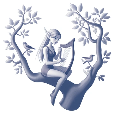 An elf with elegant features is seated on a sturdy tree branch. The elf has long, pointed ears and flowing hair. They are gently cradling a harp, with their fingers poised delicately over the strings. Surrounding the elf are lush leaves and branches, creating a natural frame. Birds perch nearby, and small flowers bloom on the branch. Sunlight filters through the leaves, casting intricate patterns on the elf and the harp. The scene conveys a sense of harmony between the elf and the natural world.