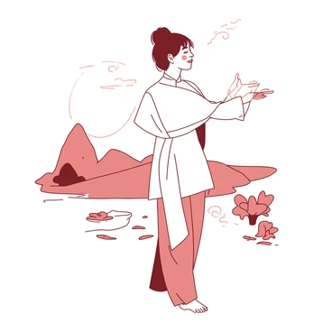 A practitioner is standing in a relaxed pose, showcasing a "serene expression" on their face that conveys "inner peace." Their eyes are gently closed, and their lips are slightly curved into a soft smile. The practitioner is dressed in loose-fitting clothing that flows gracefully with their movements. In the background, there are soft, blurred shapes that suggest the presence of nature, such as trees and gentle hills, enhancing the tranquil atmosphere. The scene radiates a sense of calm and harmony, highlighting the essence of qi gong practice.