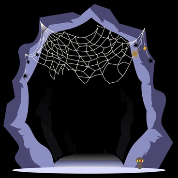 The entrance to a cave is framed by jagged rocks, with dark shadows looming. Thick, tangled webs stretch across the entrance, glistening softly in the dim light. Various sizes of spiders, with black, brown, and gray hues, are seen crawling across the webs. The cave's interior is mostly obscured, hinting at a dark passage leading deeper into the cave. A few glinting eyes of spiders are visible among the webs, creating an eerie atmosphere.