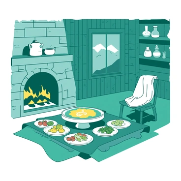 A teal mountain cabin made of wood has a stone fireplace glowing warmly. On a table beside the fireplace, there is a white raclette grill with melted cheese bubbling in the center. Several plates are arranged around the grill, each featuring an assortment of colorful vegetables and potatoes. The walls of the cabin are lined with rustic wooden shelves filled with jars and ceramic dishes. Soft, white blankets are draped over a nearby chair, adding to the cozy atmosphere. A window shows glimpses of snow-covered mountains outside.