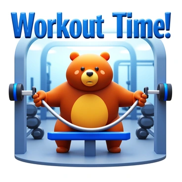 A bear with a humorous expression, sitting on a gym bench and gripping a cable row machine handle. The bear's body is slightly hunched as it pulls the cable towards itself with playful determination. In the background, there are gym equipment and weights scattered around, emphasizing the indoor gym environment. Bright overhead lights illuminate the scene, highlighting the bear's fluffy fur and the shiny metal of the machines. The words "Workout Time!" are displayed in bold, energetic font above the bear.