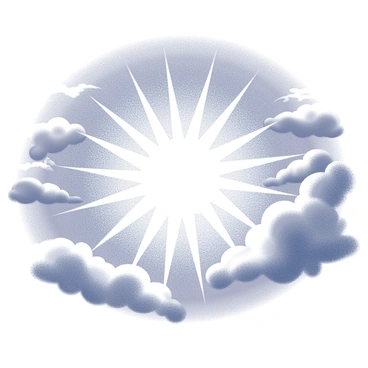 A sky filled with intricate patterns radiating from a central point representing a sunburst. The sunburst displays numerous rays extending outward, creating a sense of vibrant energy. Surrounding the sunburst, clouds add texture to the sky, enhancing the visual depth. The overall composition centers on the sunburst, emphasizing its dynamic nature and the significance of solar energy.
