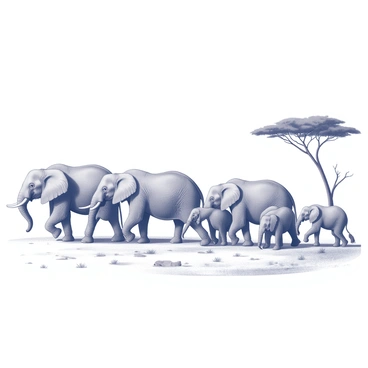 A herd of elephants walking across a savannah landscape. The group consists of several adult elephants, some with large tusks, and a few young elephants following closely. The ground is flat, with dry grass and patches of dirt present. Scattered across the scene are acacia trees with distinct flat canopies, providing sporadic shade. The sky above is clear, emphasizing the sunlit environment. The elephants are positioned in a line, moving gracefully as they traverse the terrain.
