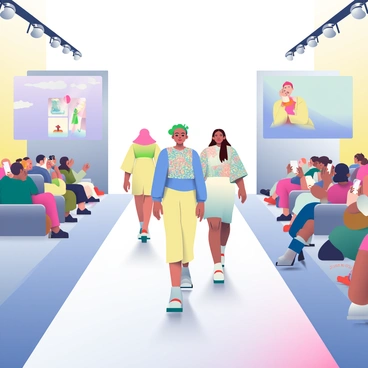 A large runway is set for a futuristic fashion show, featuring AI-designed garments. The runway is illuminated with soft, colorful lights reflecting off sleek metallic surfaces. Several models are walking confidently down the runway, showcasing outfits that incorporate iridescent fabrics with geometric patterns and flowing silhouettes. Each model has a unique hairstyle, with some featuring vibrant colors that complement their outfits. In the audience, people are seated in modern, minimalistic chairs, capturing the moment on their devices, while large screens display dynamic visuals related to the designs. The atmosphere is buzzing with excitement as the latest innovations in fashion are presented.