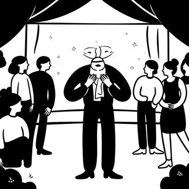 A masked guest stands in the center of a dimly lit room, with the mask being slowly removed to reveal their features. The hands of the guest are positioned near the edges of the mask as it is pulled away. Surrounding them are several other guests dressed in formal attire, all looking towards the masked guest with a sense of astonishment. In the background, ornate decorations and draped fabric enhance the atmosphere of the event. The scene captures the moment of revelation, emphasizing the contrast between the mask and the features below.