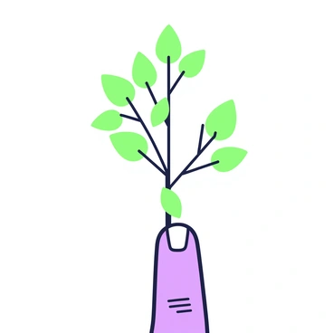 A close-up view of a human finger with the tip emerging from a small tree. The tree has a slender trunk that rises from the fingertip, with delicate branches stretching outward. The leaves of the tree are made of paper, intricately cut and shaped, appearing as vibrant shapes in various forms. The finger is positioned against a plain background, emphasizing the unique interaction between the human element and the natural growth of the tree.