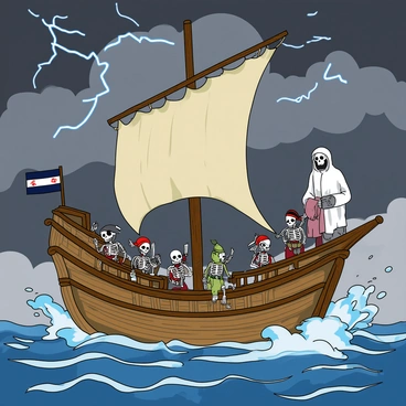 A ghostly pirate ship with tattered sails and an aged, weathered wooden hull. The ship is manned by a crew of skeletons dressed in tattered pirate clothing, each one holding a sword or a flag. The sky above is filled with dark, swirling storm clouds, and occasional flashes of lightning illuminate the scene. The ship's deck is slick with rain, and waves crash against the sides, creating splashes that reach up towards the skeletons. A large, ghostly figure of a pirate captain stands at the helm, directing the ship through the tumultuous sea.