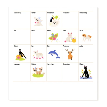 A calendar page featuring a different animal illustration for each month