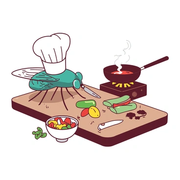 A teal fly wearing a white chef's hat is standing on a small wooden cutting board. The fly is holding a tiny knife in one of its legs and is carefully slicing a miniature piece of colorful vegetable. Next to the cutting board, there is a small bowl filled with vibrant spices. In the background, there is a tiny frying pan on a miniature stove, ready for the dish to be cooked. The kitchen setting is filled with various small utensils and ingredients, enhancing the gourmet theme.