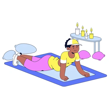 A person wearing a comfortable outfit is performing knee push-ups on a soft fitness mat. The room is softly lit by several small candles placed on a low table, creating a warm glow. The walls are minimalistic, painted in a light color, contributing to a calm atmosphere. The person has a focused expression, and their hands are firmly placed on the mat. A few cushions are arranged nearby, adding to the peaceful setting.
