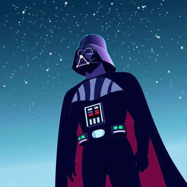 Darth Vader standing tall and imposing, clad in his iconic black armor and cape. His helmet reflects the faint light of countless stars twinkling in the clear night sky above him. The scene captures a sense of isolation, with the vastness of the starry sky contrasting against the dark figure of Vader. Small constellations are visible, their light glimmering against the backdrop of a quiet universe, creating an atmosphere of both mystery and power.