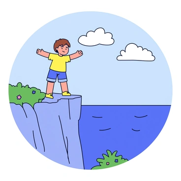 A child standing confidently on the edge of a rocky cliff. The child is wearing a bright yellow t-shirt and denim shorts. The child has short brown hair, and their arms are slightly outstretched as if embracing the wind. The cliff is surrounded by green grass and small flowers. Below the cliff, there is a view of a vast blue ocean with gentle waves. The sky above is clear with a few fluffy white clouds.
