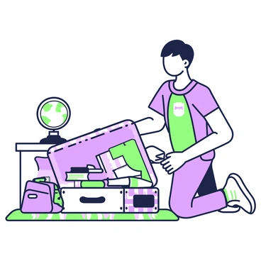 A student is kneeling beside an open suitcase, packing clothes and books. The suitcase is large, with a checkered pattern, lying on a colorful rug. The student has short dark hair and is wearing a casual t-shirt and jeans. In the suitcase, there are neatly folded shirts in various colors, a pair of shoes, and a stack of books with visible titles. A backpack is placed next to the suitcase, partially filled with a laptop and a notebook. Nearby, a globe is sitting on a desk, symbolizing the study abroad adventure.