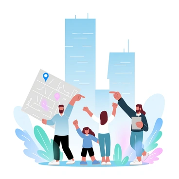 A family of four stands in front of a tall, modern skyscraper. The parents are holding a large city map, while the children are pointing excitedly at various locations on the map. The skyscraper behind them has a sleek glass façade that reflects the surroundings. The family is dressed in casual clothing, and there are tall trees and greenery in the foreground. Bright "You Are Here" markers can be seen on the map, adding color to the scene.