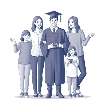 A joyful family taking pictures as their graduate wears a cap and gown