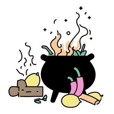 A whimsical cauldron bubbling over a campfire, with colorful ingredients around