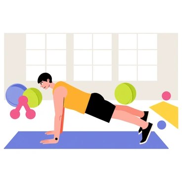 A vibrant gym scene featuring a person performing "pike push-ups" on a blue exercise mat. The individual has short black hair and is wearing a bright orange tank top and black shorts. Around them, there are various colorful exercise equipment items, including a set of red dumbbells, a green stability ball, and a yellow yoga mat. The walls of the gym are painted in a light grey color, and large windows let in ample natural light, enhancing the energetic atmosphere.