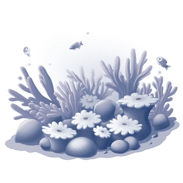 A coral reef scene teeming with life. The reef is filled with various shapes of corals, some in full bloom while others are starting to lose their vividness. Small fish swim among the corals, displaying their dynamic movements. Sea anemones sway gently with the currents. The background shows an underwater landscape with shadows and light playing across the rocky substrate. Some areas of the reef show signs of bleaching, clearly revealing the impact of ocean acidification on the vibrant ecosystem.