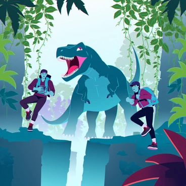 A large, ferocious dinosaur with sharp teeth and scaly skin is depicted chasing after a group of explorers. The dinosaur has a muscular build and powerful legs, creating a dynamic sense of movement as it lunges forward. The explorers, wearing tactical gear and backpacks, are running through dense tropical foliage, with vibrant green leaves and vines surrounding them. One explorer is glancing back, showing a look of fear while another is reaching for a branch to swing across a nearby ravine. Sunlight filters through the canopy, casting dappled shadows on the ground, heightening the sense of urgency in the scene.