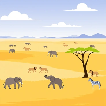 A panoramic view of the Serengeti plains with vast stretches of golden grass. In the foreground, there are several groups of wildebeests grazing peacefully. In the middle ground, a few elephants are seen walking together, with their trunks raised and ears flapping. A pride of lions is lounging under a lone acacia tree, while a group of zebras can be seen nearby, standing in contrast to the golden landscape. The sky is a bright blue with fluffy white clouds scattered across it, creating a vibrant atmosphere.