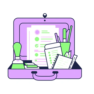 A toolkit is open and filled with various compliance-related tools. On the left side, there is a green stamp with a handle, sitting next to an ink pad. Next to the stamp, there are several forms stacked neatly, with visible checkboxes and lines for filling out information. On the right side of the toolkit, there are green and purple pens arranged in a holder. A ruler lies across the top of the forms, and a small notepad is placed inside the toolkit, partially visible, with lines on its pages. The toolkit itself has a sturdy handle and is made from durable material.
