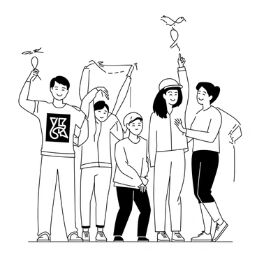 A group of five people standing together, each holding a ribbon for diabetes awareness. One person is wearing a T-shirt with a bold graphic design and has short hair. Another individual, with long hair tied back, is dressed in a casual button-up shirt and jeans. A third person is wearing a cap and a hoodie, holding the ribbon above their head with a smile. The fourth individual has glasses and is wearing a bright-colored sweater. The fifth person, standing slightly behind, has their arms crossed and is wearing a denim jacket. They are all positioned outdoors, with trees in the background.