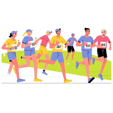 A group of young athletes in colorful athletic wear participating in a mini-triathlon event. They are smiling as they run energetically on a track, showcasing their determination and excitement. Some athletes have numbered bibs attached to their fronts, while others hold small water bottles. A few spectators can be seen cheering in the background, adding a lively atmosphere to the scene. The setting is bright and sunny, perfect for a fun athletic competition.