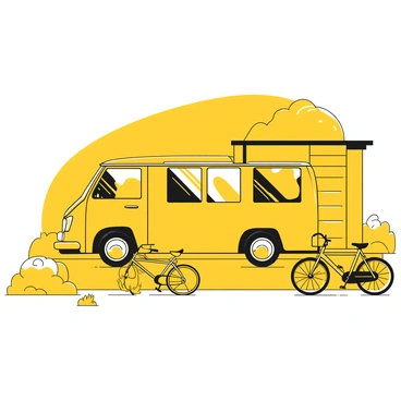 A family minivan parked on a driveway, facing forward. The minivan has sliding doors and tinted windows. Nearby, there are two bicycles, one with a yellow frame and a small child’s seat attached. The second bicycle has black handlebars and a classic design. The driveway is neatly edged with grass on either side, and there is a small flower bed with white flowers visible in the foreground. In the background, a garage door is partially closed.