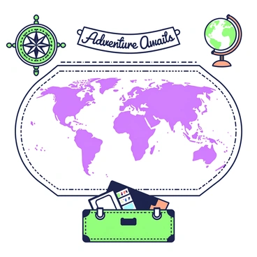 A large world map is displayed prominently on the wall. The map features intricate details of continents, oceans, and major landmarks. Surrounding the map are various vintage travel-themed decor elements. To the left, there is a decorative compass rose with ornate designs. Above the map, a banner with the phrase "Adventure Awaits" in stylized lettering is hung. To the right, an antique globe sits on a wooden stand, displaying the same continents in three dimensions. Below the map, an old-fashioned suitcase is partially open, revealing travel stickers from different countries.