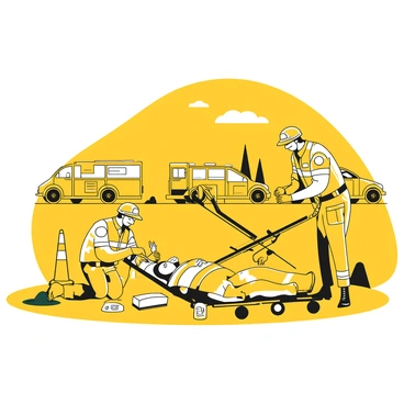 A group of paramedics in yellow uniforms attending to an accident victim lying on the ground by the roadside. One paramedic is checking the victim's pulse, while another is applying a bandage to a visible injury. A stretcher is nearby, ready for transport. Emergency medical equipment, such as a first aid kit and oxygen mask, is placed on the ground next to them. In the background, a few cars are pulled over, and a traffic cone is set up to mark the scene.