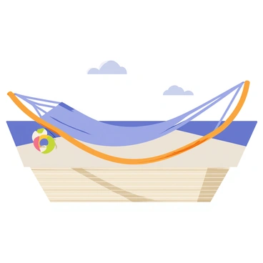 A relaxing hammock with a light blue fabric is strung between two polished wooden poles on a yacht's sundeck. The hammock is gently swaying in the breeze. Sunlight casts soft shadows on the deck, which is made of smooth, light-colored wood. In the background, a clear blue sky is visible, along with glimpses of calm water stretching to the horizon. A couple of fluffy white clouds float overhead, completing the tranquil scene. A small decorative pillow is placed at one end of the hammock for added comfort.