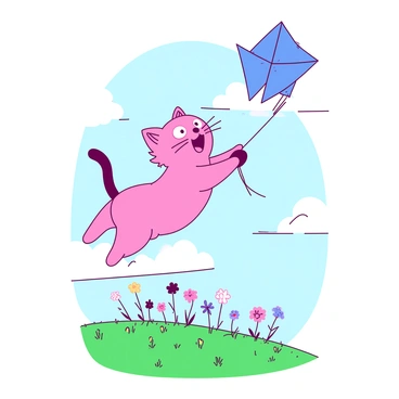 A pink playful cat is holding a blue kite with its paw, soaring high into the air. The kite is shaped like a butterfly and is fluttering above the cat. The cat's fur is ruffled by the strong wind, and its eyes are wide with excitement. Below, a lush green grassy field stretches out, dotted with colorful wildflowers swaying in the breeze. A few fluffy white clouds float in the blue sky, enhancing the cheerful atmosphere of the scene.