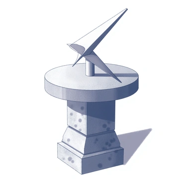 A classic sundial is positioned on a stone pedestal. The sundial features a triangular gnomon that extends upward, creating a long shadow that stretches across the stone surface below. The pedestal is crafted from rough-hewn stone, with visible texture and weathering indicating its age. The surrounding area is clear, allowing the sundial to be the focal point of the composition. The light source creates stark contrasts, enhancing the details of both the sundial and the pedestal.