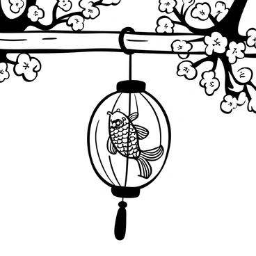 A paper lantern with a painted koi fish design hanging from a wooden beam. The koi fish is detailed, showcasing elegant fins and patterns on its body. Light emanates from within the lantern, casting intricate shadows on the surrounding surface. The lantern is surrounded by delicate cherry blossom branches, enhancing the serene atmosphere.