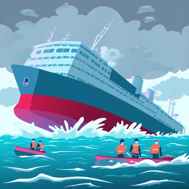 A large ship, partially submerged in rough, choppy waters, is tilted at an angle with its hull visible above the surface. The ship has weathered paint and visible damage from the storm, with waves crashing against its sides. Nearby, several rescue boats are engaged in a coordinated effort, with crew members in bright orange life jackets preparing to assist. The sky is filled with dark, heavy clouds, hinting at the recent storm, while the water is churning with whitecaps, emphasizing the turbulent environment.