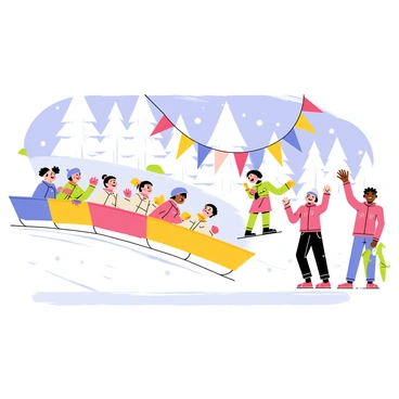 A colorful toboggan race is taking place down a snowy slope. Multiple toboggans, each with children of various ages and appearances, are racing side by side. In the foreground, excited children are cheering, waving their hands, and holding colorful flags. Snowflakes are gently falling from the sky, adding to the festive atmosphere. In the background, snow-covered trees and a bright blue sky complete the lively winter scene.
